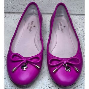 Kate Spade Pink Leather Ballet Flats Willia Bow Gold Spade Charm Shoes Sz 5.5